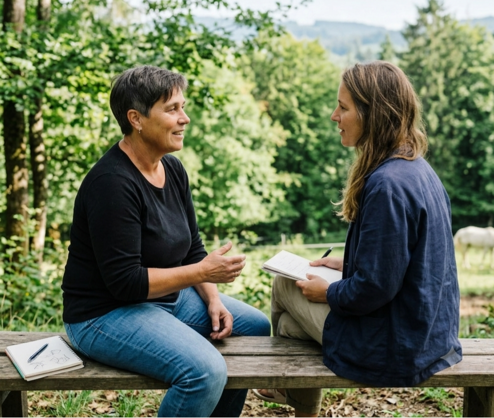 Coaching-Gespräch auf einer Bank am Waldrand