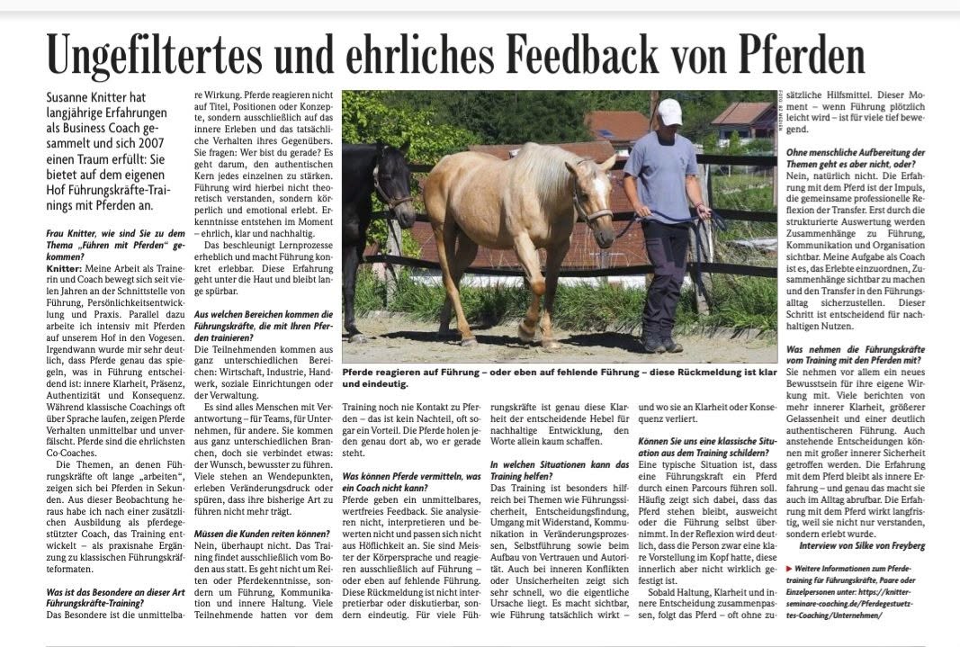 Zeitungsartikel: Ungefiltertes und ehrliches Feedback von Pferden